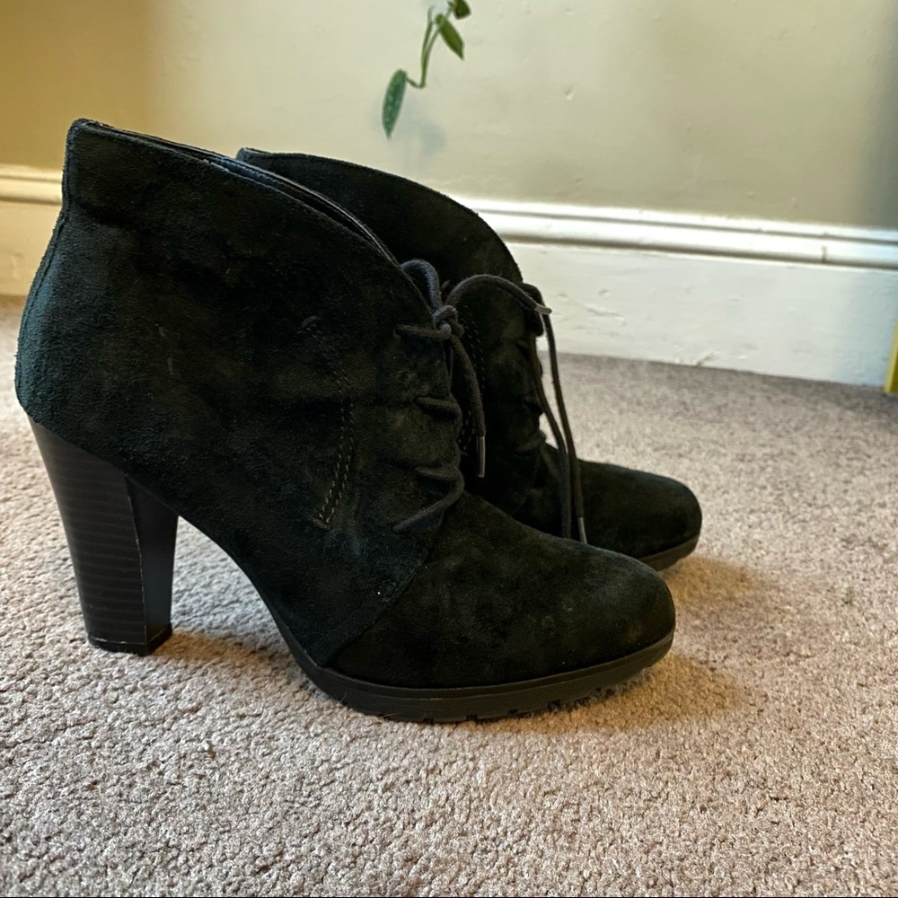 Black suede ankle booties w/Lace-up Detail and 3.5” heel (sz 7.5)